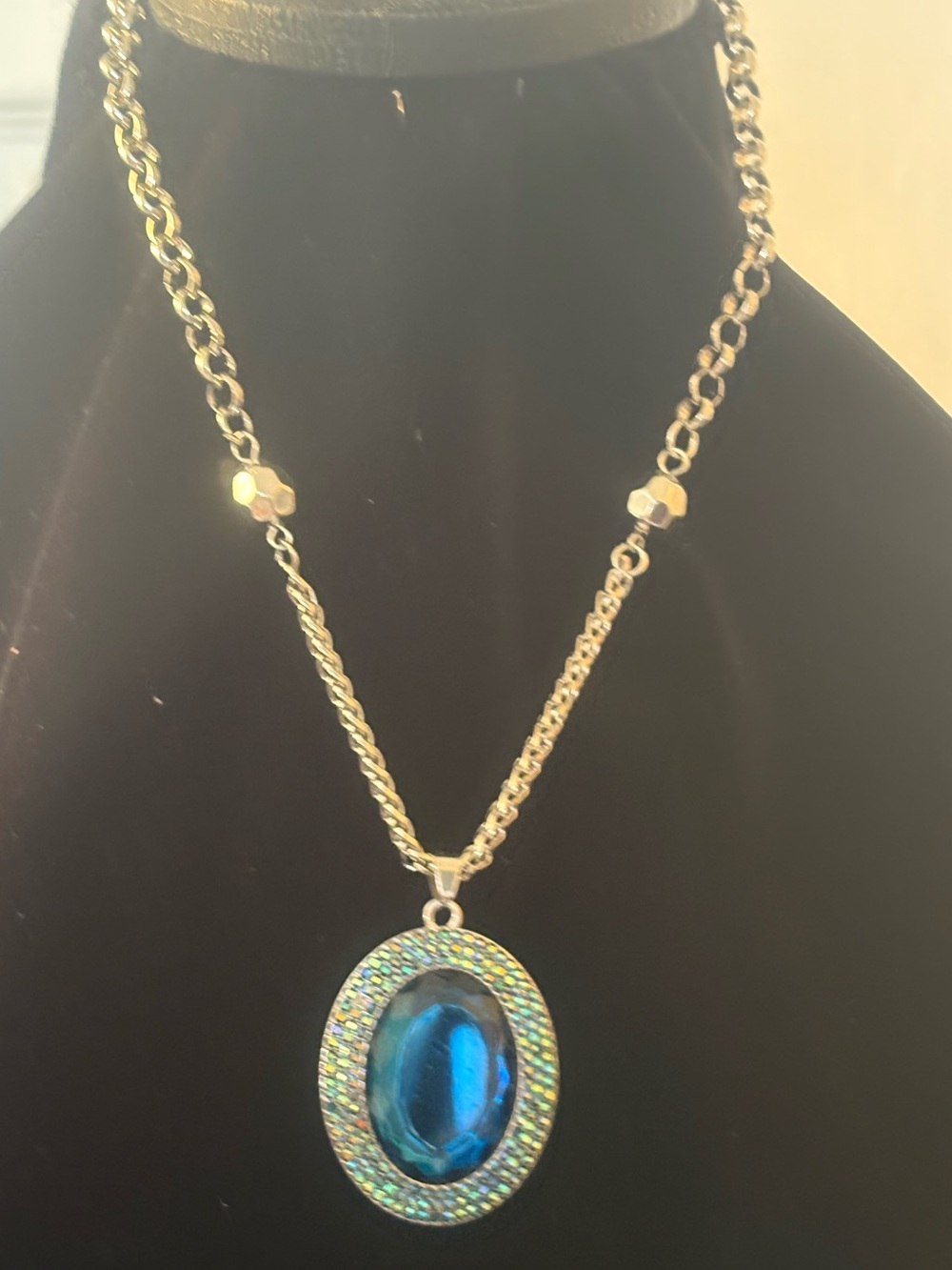 Silver-Tone Blue Oval Pendant Necklace - Women Jewelry